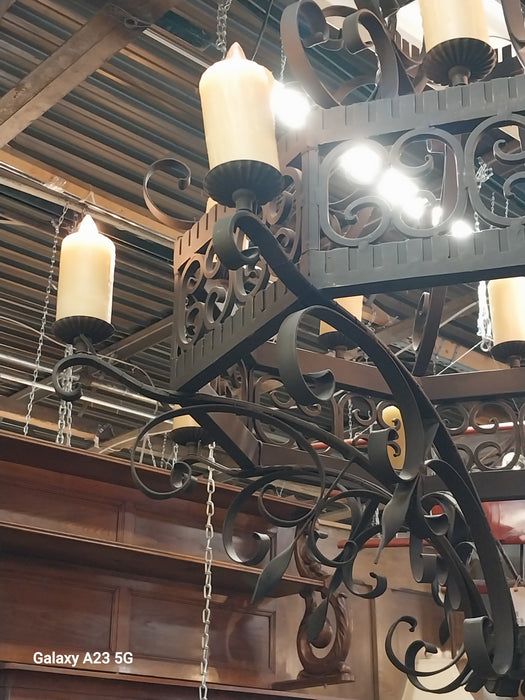 HUGE 2 TIER BLACK IRON CHANDELIER WITH WAX CANDLE COVERS