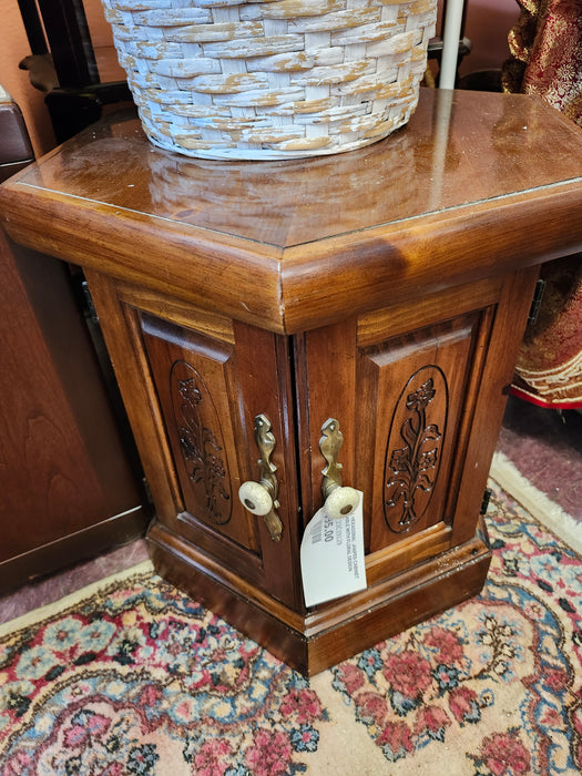 SMALL HEXAGONAL SHAPED CABINET SIDE TABLE WITH FLORAL DESIGN