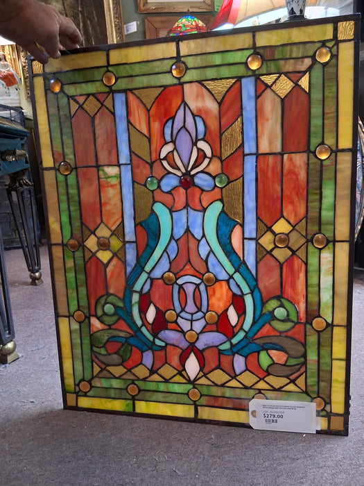 MULTI-COLOR DECO STAINED GLASS WINDOW WITH GREEN AND YELLOW AND BLUE