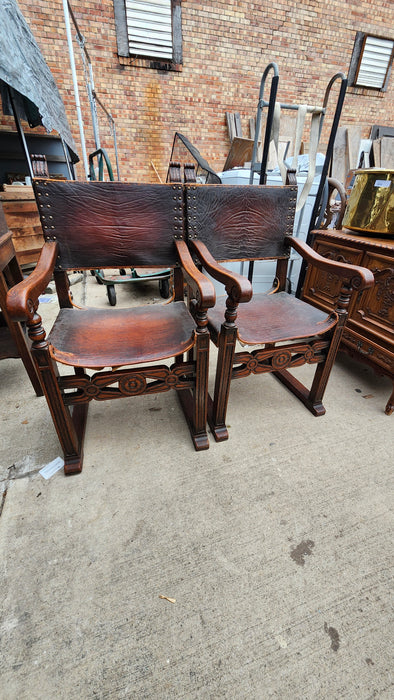 PAIR OF SPANISH LEATHER ARM CHAIRS