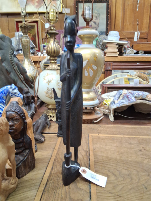 TALL CARVED WOOD AFRICAN WOMAN WITH SPEAR FIGURE