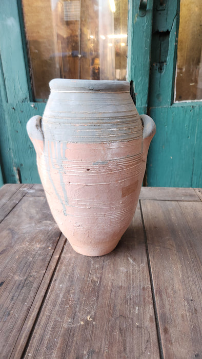 RIBBED CLAY JAR WITH TWO HANDLES