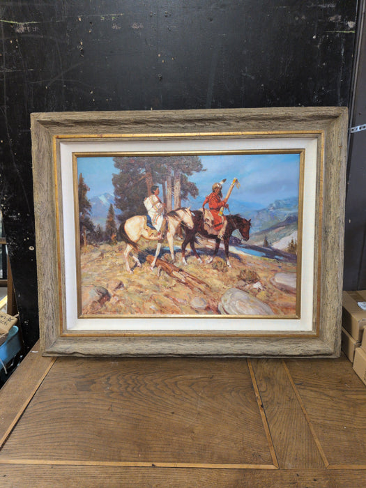 WOOD FRAMED OIL PAINTING OF INDIAN COUPLE ON HORSEBACK - SIGNED GARY KAPP