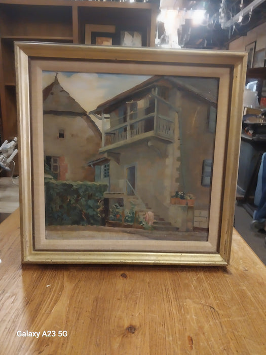 SMALL SQUARE FRAMED OIL PAINTING OF A BUILDING