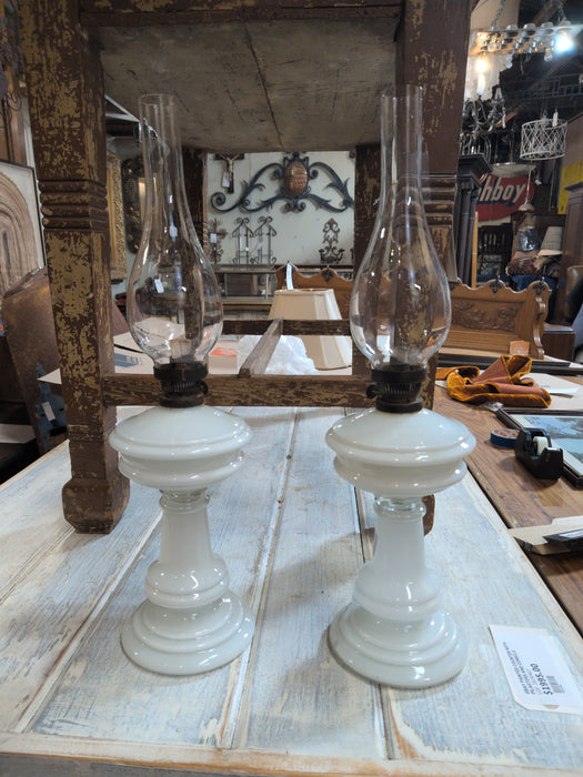 PAIR OF MILK GLASS EUROPEAN OIL LAMPS WITH GLASS GLOBES