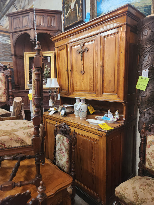 PINE STEP BACK  RECTORY CUPBOARD WITH CRUCIFIX