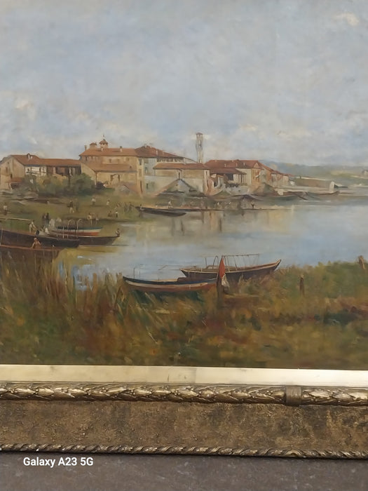 FRAMED ITALIAN VILLAGE BY THE WATER OIL PAINTING AS FOUND