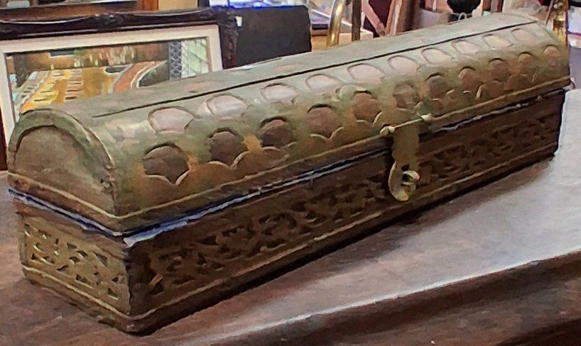 LONG SMALL DOMED WOOD BOX WITH BRASS OVERLAY