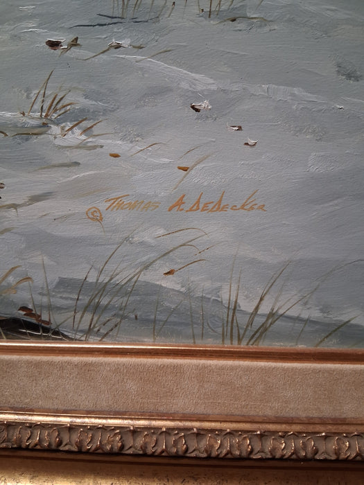 LARGE GILT FRAMED OIL PAINTING OF INDIAN INCAMPMENT SIGNED THOMAS DE DECKER