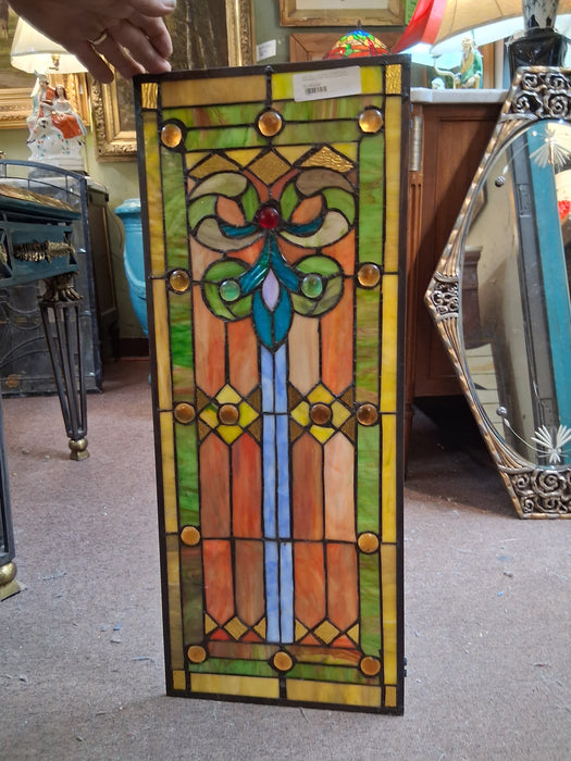 SMALL MULTI -COLOR DECO STAINED GLASS WINDOW WITH GREEN AND YELLOW AND BLUE