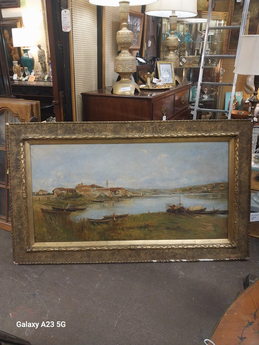 FRAMED ITALIAN VILLAGE BY THE WATER OIL PAINTING AS FOUND