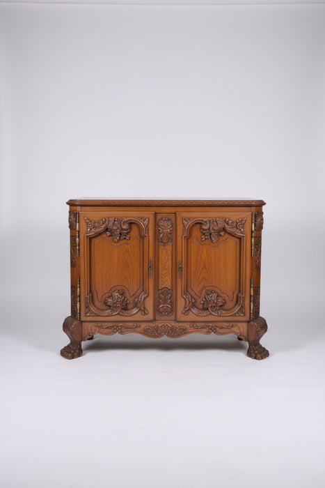 HEAVY CARVED OAK 2 DOOR SERVER WITH PAW FEET