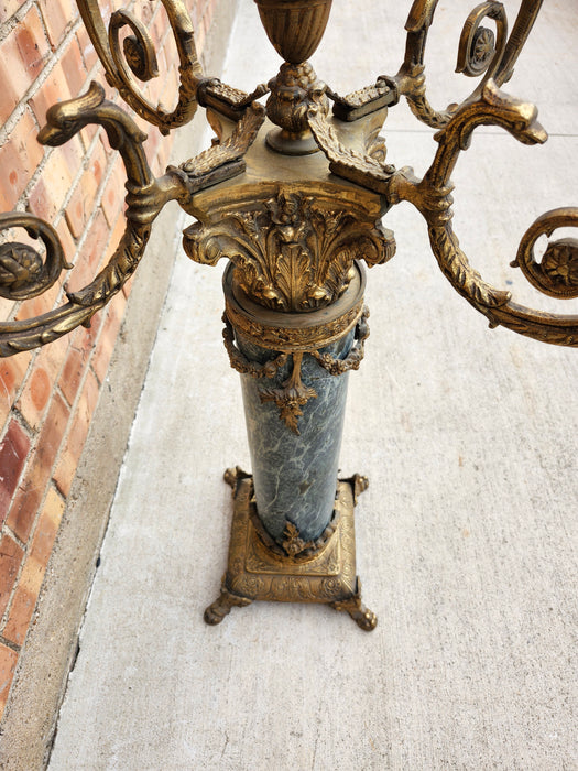 PAIR OF HEAVY GREEN MARBLE AND BRONZE CANDLEABRAS