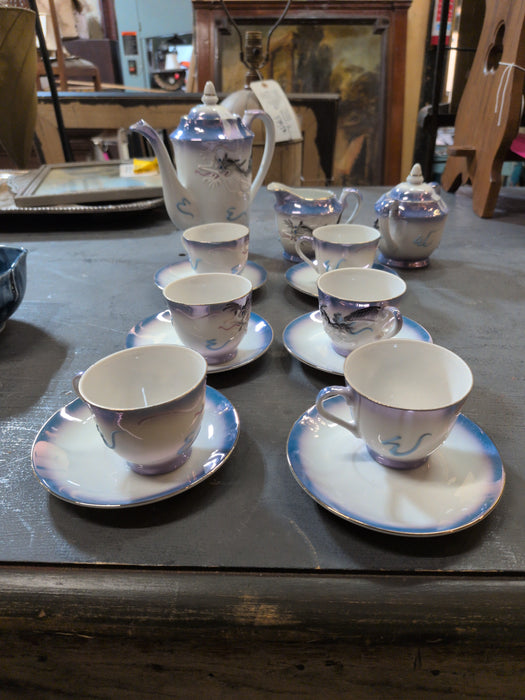 WHITE AND BLUE JAPANESE COFFEE SET WITH 6 CUPS AND SAUCERS