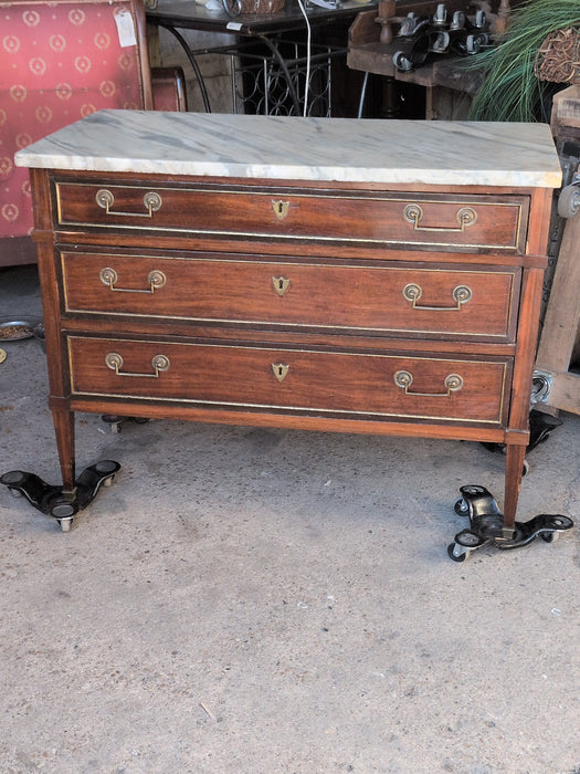 EARLY LOUIS XVI WHITE MARBLE TOP 3 DRAWER CHEST