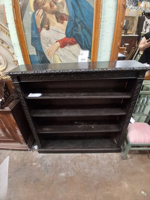 DARK OAK CARVED OPEN BOOKCASE