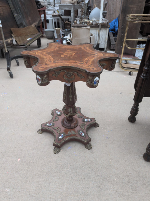SMALL PEDESTAL BASE TABLE WITH ORMOLU AND APPLIED PORCELAIN AS FOUND