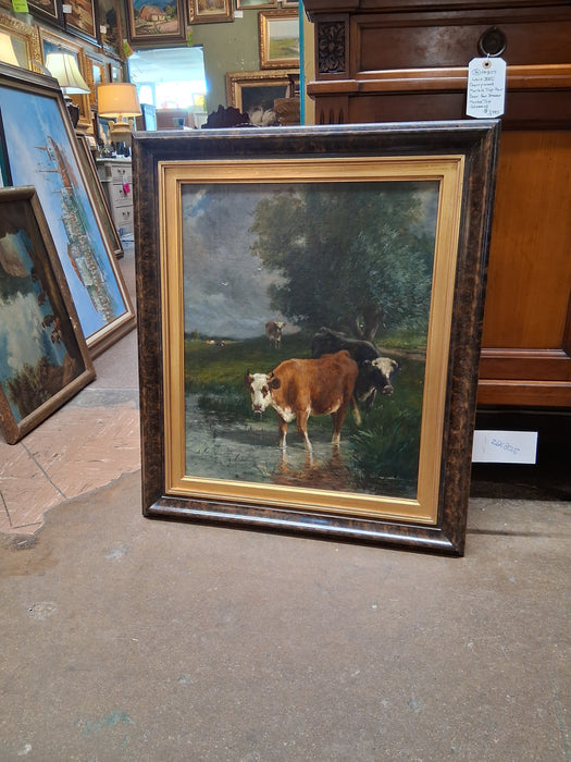 FRAMED 19TH CENTURY COWS OIL PAINTING SIGNED J. BERCUM
