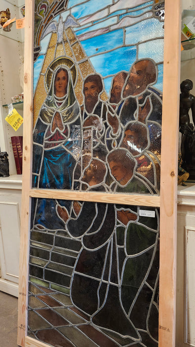 MARY WITH SAINTS AND DOVE PENTECOST LARGE VERTICAL STAINED GLASS 3 WINDOW SET