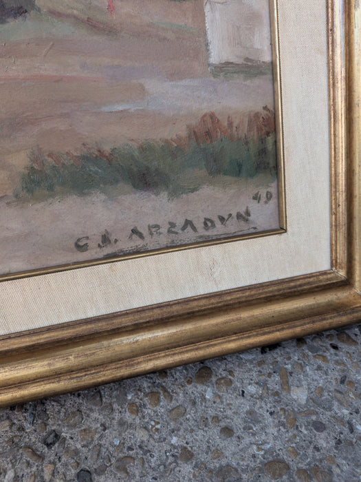 FRAMED IMPRESSIONIST OIL PAINTING OF SIERAS LE LAS ANIMAS -FARM SCENE  SIGNED CARMELI LE ARZADAN 1949