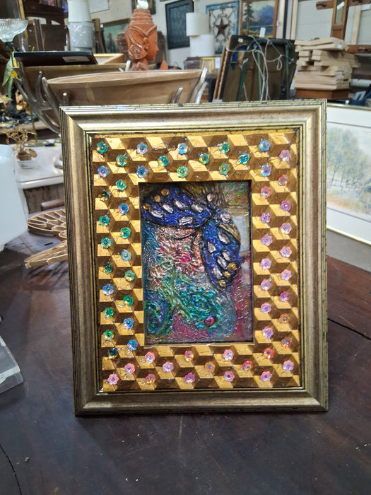 BUTTERFLY PAINTING IN RELIEF IN JEWELED FRAME