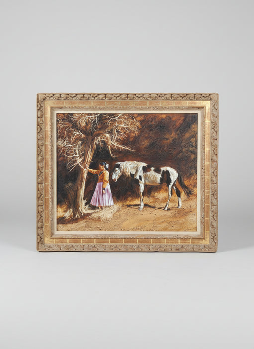 GILT FRAMED OIL PAINTING OF GIRL AND SCURVY HORSE PAUL CALLE