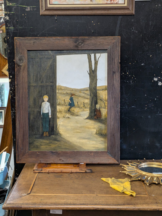 FRAMED FOLK ART OIL PAINTIMG "HIDE AND GO SEEK" SIGNED JAY STEWART 1916 -2018