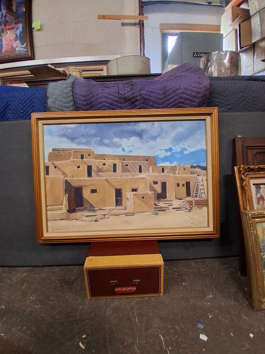 LARGE FRAMED OIL PAINTING OF PUEBLOS-SIGNED M BREITKOPF
