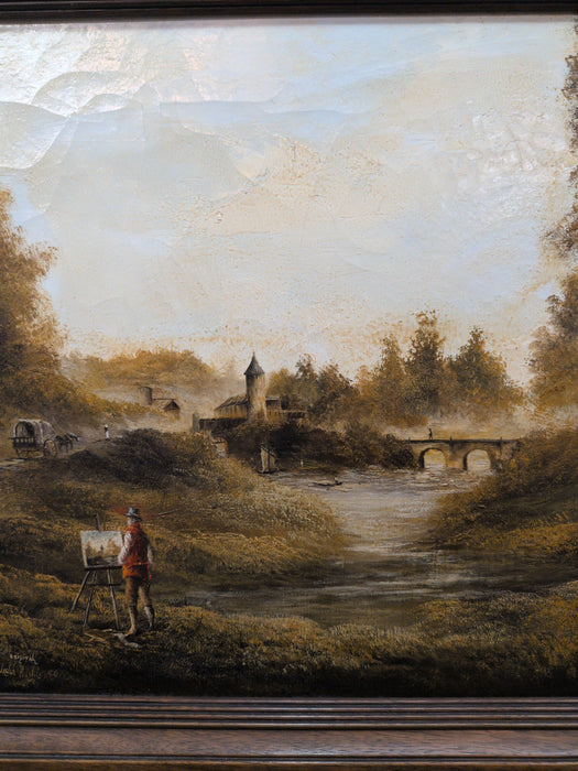 FRAMED LANDSCAPE OIL PAINTING OF A MAN PAINTING A BRIDGE AND TOWER SIGNED LESLIE HUGHES 70