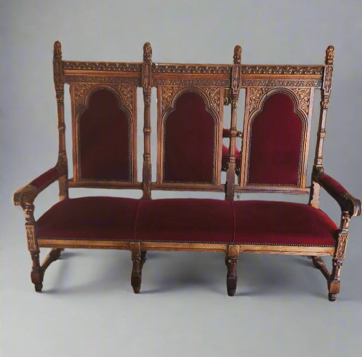 LARGE ENGLISH OAK RED UPHOLSTERED 1880s HIGH BACK SETTEE