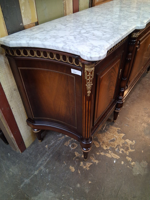 LOUIS XVI MAHOGANY WHITE MARBLE TOP 4 DOOR SIDEBOARD WITH BRASS ORMOLU