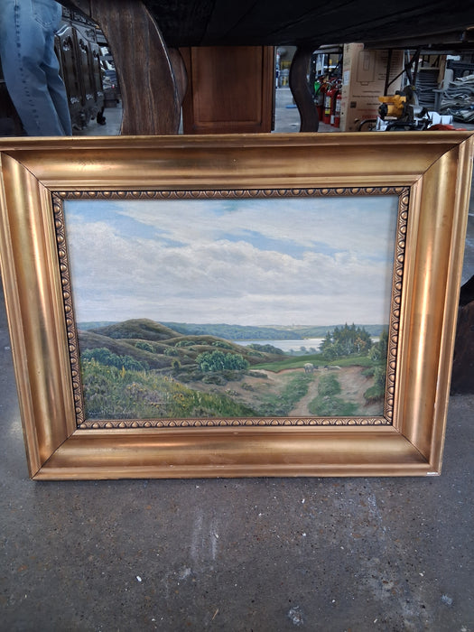 TURN OF THE CENTURY PASTORAL PAINTING OF LAKE AND COWS