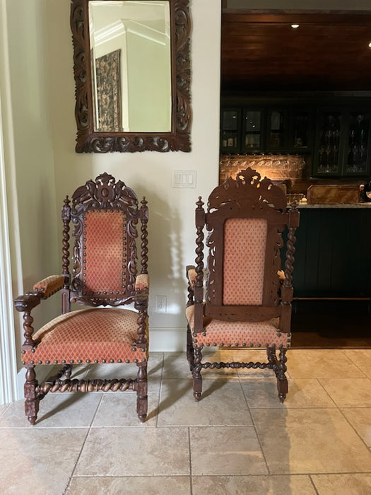 PAIR OF FRENCH BARLEY TWIST OAK ARM CHAIRS WITH ORANGE UPHOLSTERY