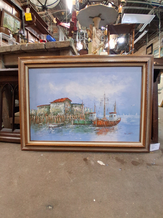 LARGE SEASCAPE WHARF VINTAGE OIL PAINTING