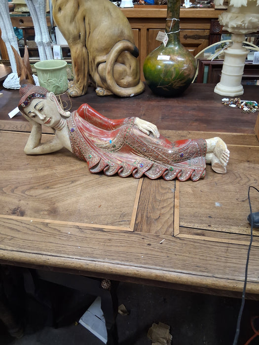 RECLINING WOOD INDIAN BUDDHA-AS FOUND