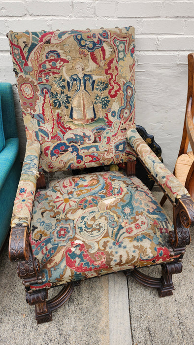 DARK OAK CARVED ARM CHAIR WITH AS FOUND TAPESTRY FABRIC