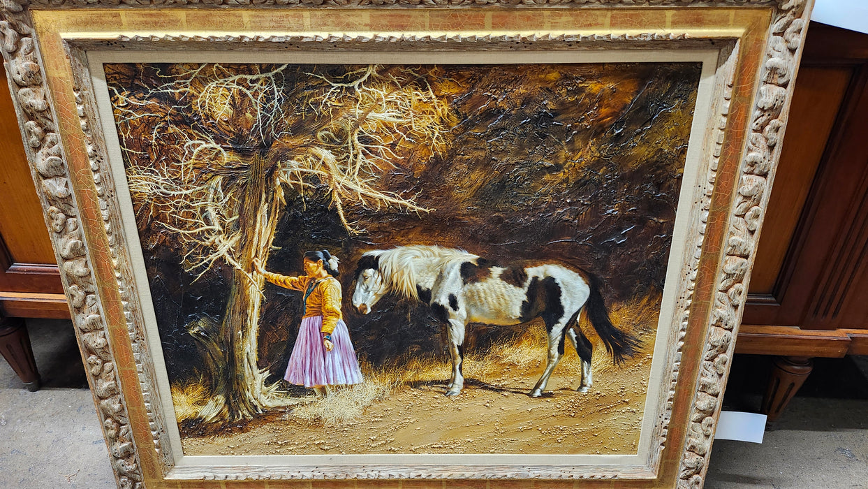 GILT FRAMED OIL PAINTING OF GIRL AND SCURVY HORSE PAUL CALLE