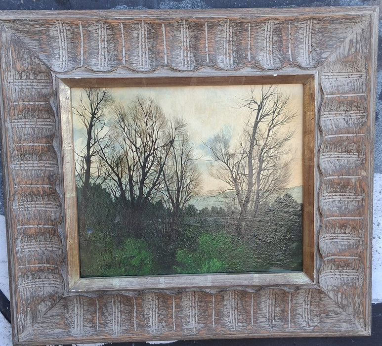 FRAMED LANDSCAPE OIL PAINTING OF LEAFLESS TREES