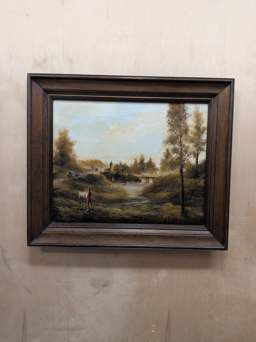 FRAMED LANDSCAPE OIL PAINTING OF A MAN PAINTING A BRIDGE AND TOWER SIGNED LESLIE HUGHES 70