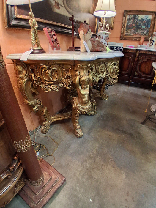 GILTWOOD CHERUB CONSOLE WITH MARBLE TOP