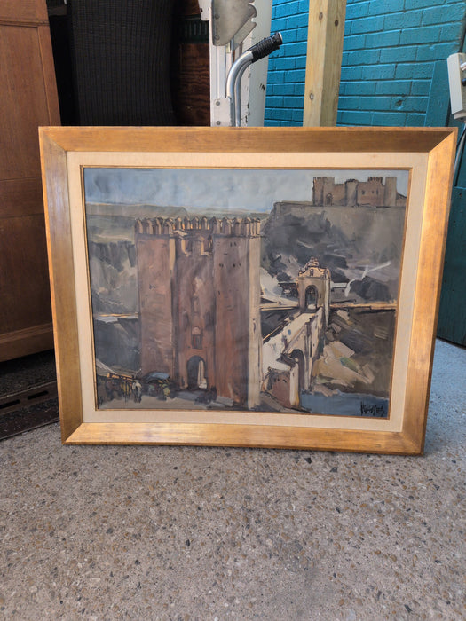FRAMED OIL PAINTING OF PUERTO TOLEDO - SIGNED HUGO NANTES