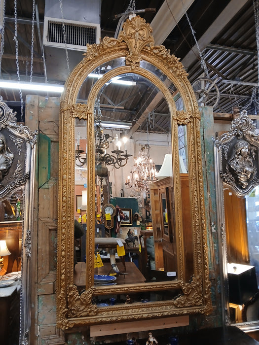 LOUIS XV LARGE ARCHED TOP ORNATE GILT BEVELED MIRROR