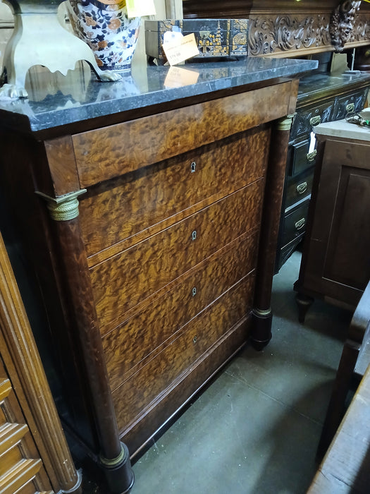 FRENCH EMPIRE  MARBLE TOP BURLED MAHOGANY CHEST AS FOUND