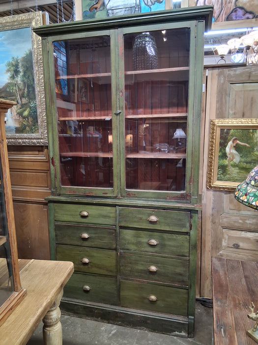 LARGE EARLY 20TH CENTURY GREEN APOTHOCARY CABINET