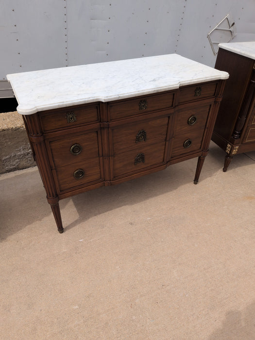 LOUIS XVI WHITE MARBLE TOP 5 DRAWER CHEST WITH RIBBION AND LAUREL PULLS
