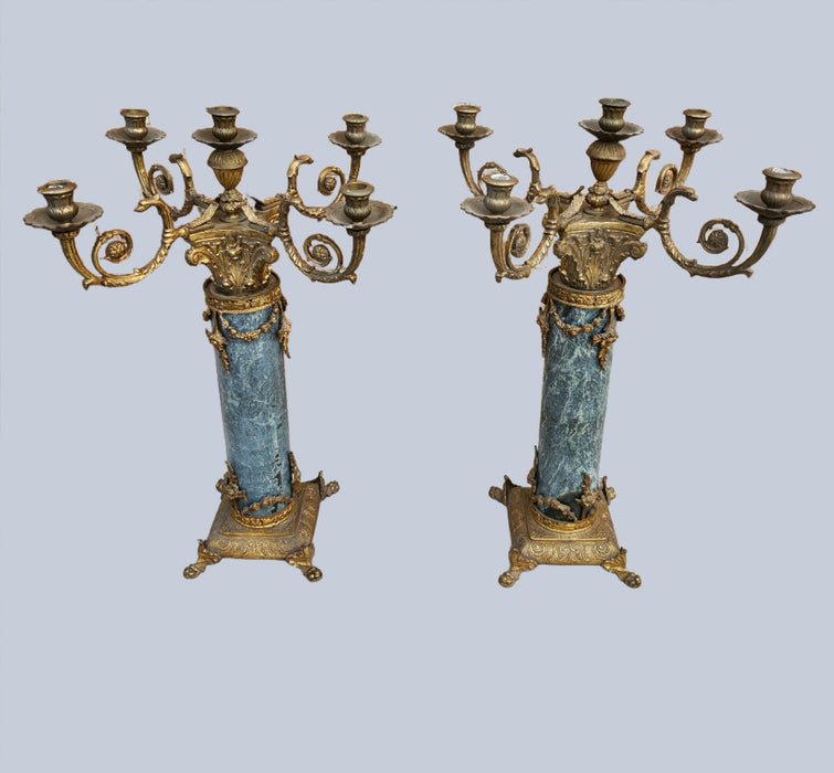 PAIR OF HEAVY GREEN MARBLE AND BRONZE CANDLEABRAS