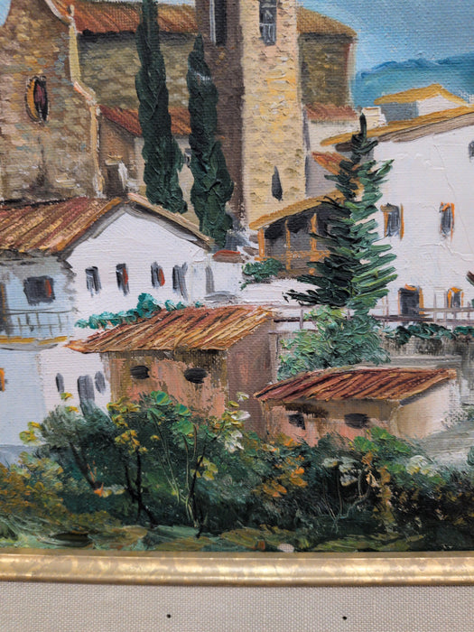 MEDIUM GILT FRAMED OIL PAINTING OF ITALIAN HILLSIDE VILLAGE - SIGNED
