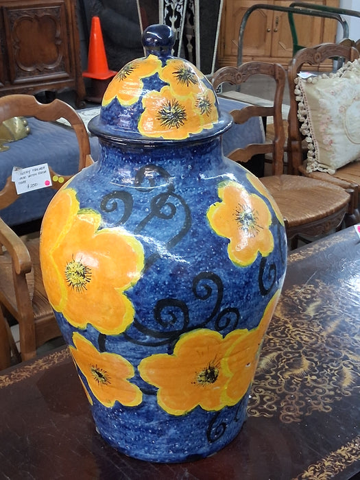 HAND PAINTED ORANGE AND BLUE URN WITH LID