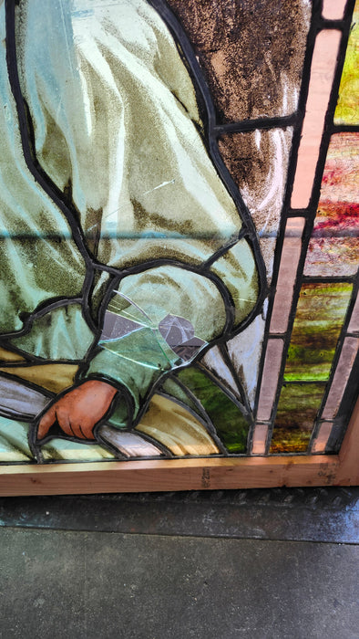 LARGE PAINTED AND STAINED GLASS WINDOW WITH PAIR OF  ANGELS AS FOUND