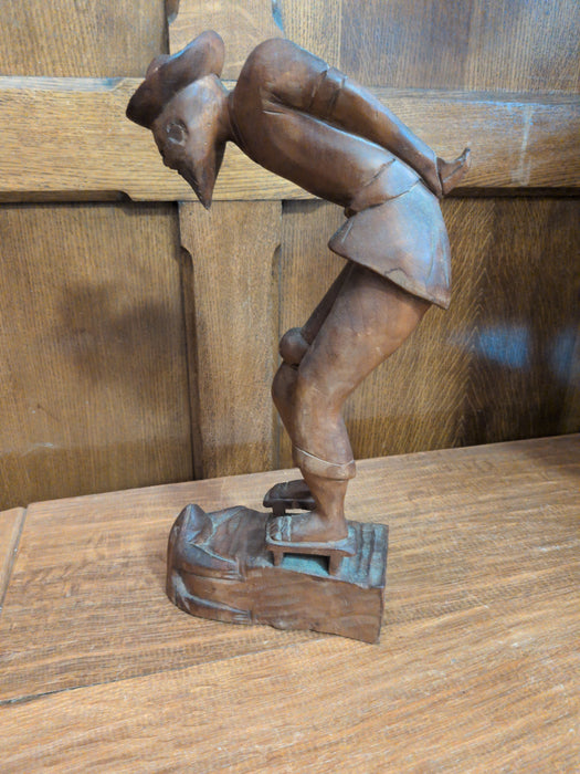 CHINESE WOOD STATUE OF PENSIVE MAN STROLLING